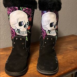 Ed Hardy Black Boots with Skull and Rose Design